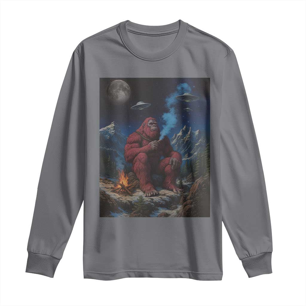 Funny Smoking Bigfoot Long Sleeve Shirt Vintage Cigarette Sasquatch UFO Cryptid Meme TS10 Charcoal Print Your Wear