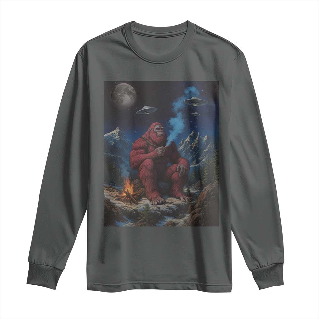 Funny Smoking Bigfoot Long Sleeve Shirt Vintage Cigarette Sasquatch UFO Cryptid Meme TS10 Dark Heather Print Your Wear
