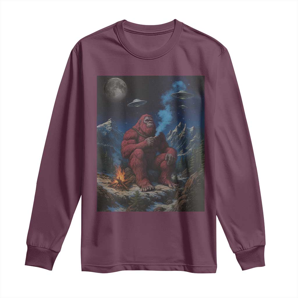 Funny Smoking Bigfoot Long Sleeve Shirt Vintage Cigarette Sasquatch UFO Cryptid Meme TS10 Maroon Print Your Wear