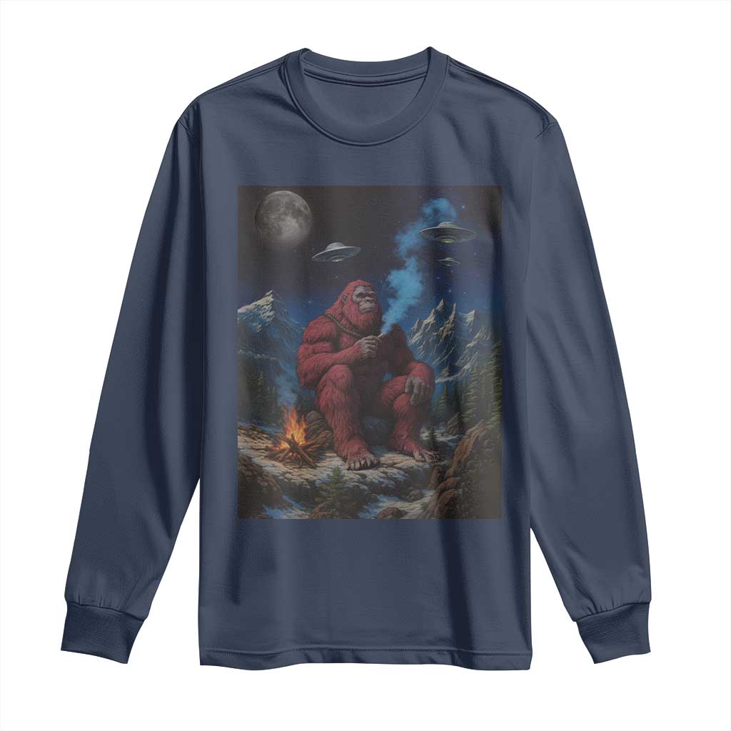 Funny Smoking Bigfoot Long Sleeve Shirt Vintage Cigarette Sasquatch UFO Cryptid Meme TS10 Navy Print Your Wear
