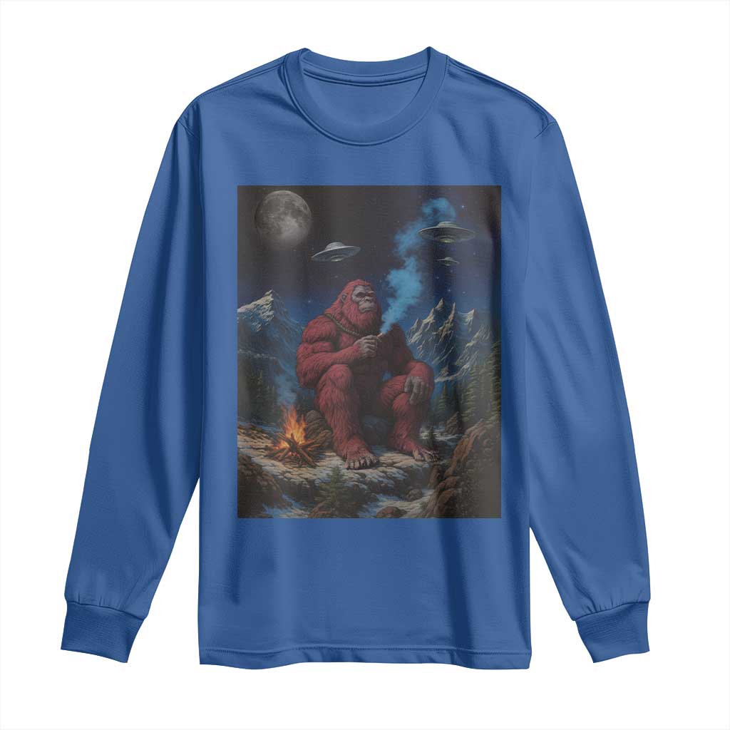 Funny Smoking Bigfoot Long Sleeve Shirt Vintage Cigarette Sasquatch UFO Cryptid Meme TS10 Royal Blue Print Your Wear