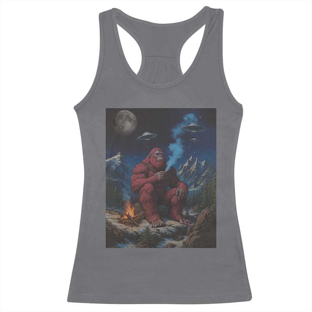 Funny Smoking Bigfoot Racerback Tank Top Vintage Cigarette Sasquatch UFO Cryptid Meme - Print Your Wear