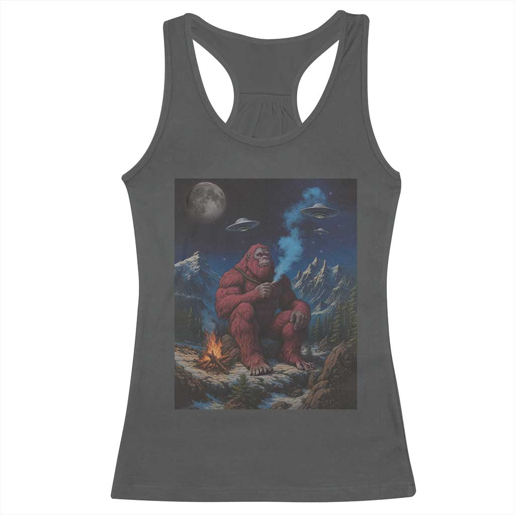 Funny Smoking Bigfoot Racerback Tank Top Vintage Cigarette Sasquatch UFO Cryptid Meme - Print Your Wear