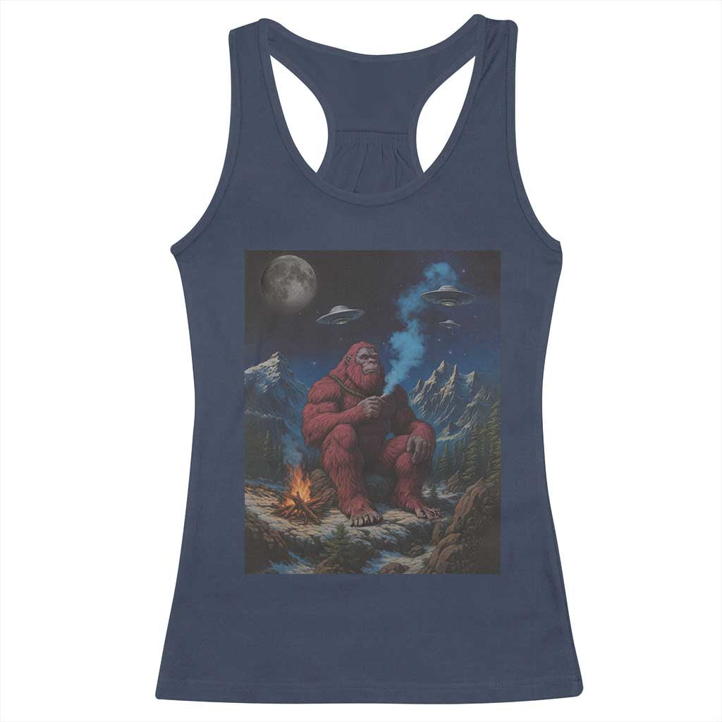 Funny Smoking Bigfoot Racerback Tank Top Vintage Cigarette Sasquatch UFO Cryptid Meme - Print Your Wear