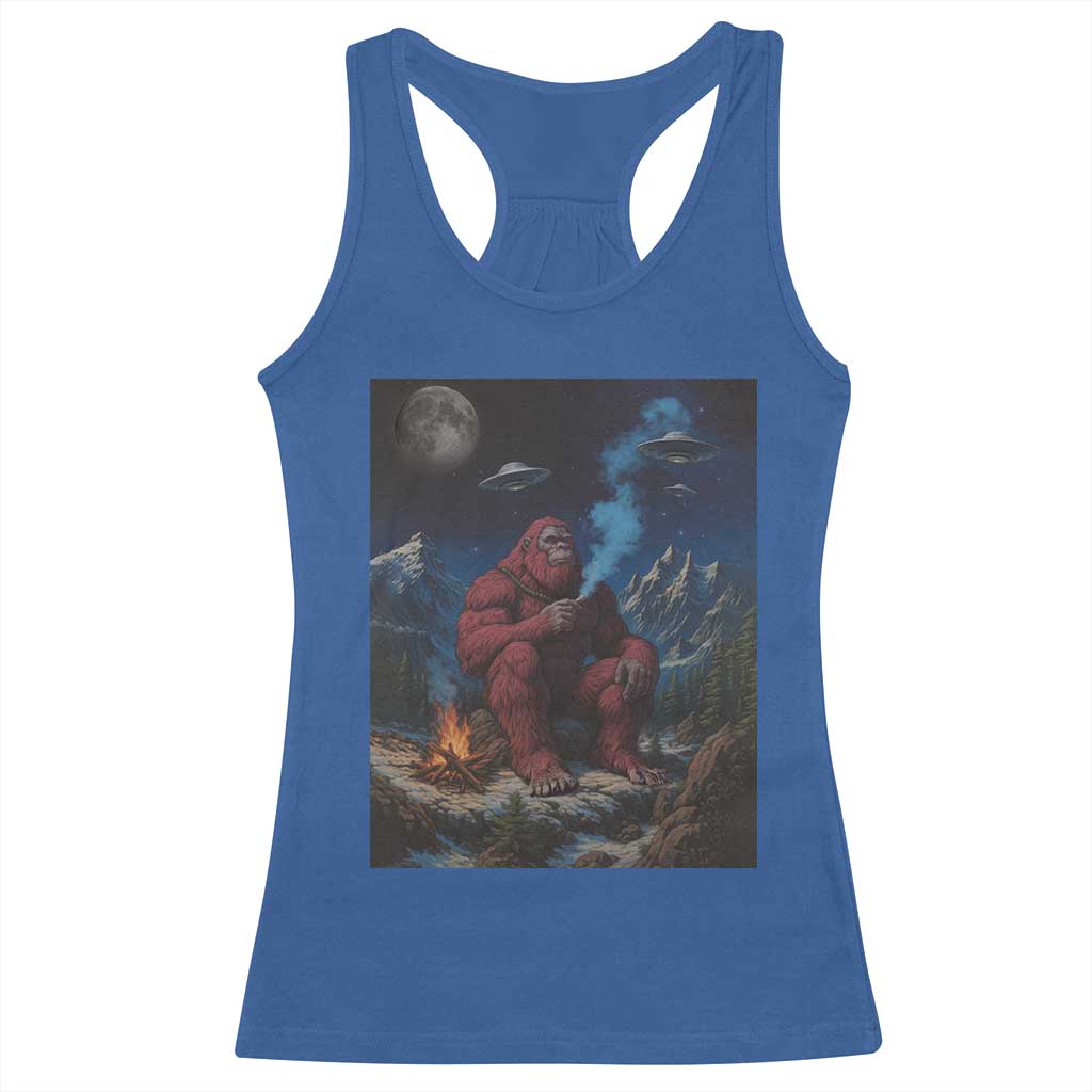 Funny Smoking Bigfoot Racerback Tank Top Vintage Cigarette Sasquatch UFO Cryptid Meme TS10 Royal Blue Print Your Wear
