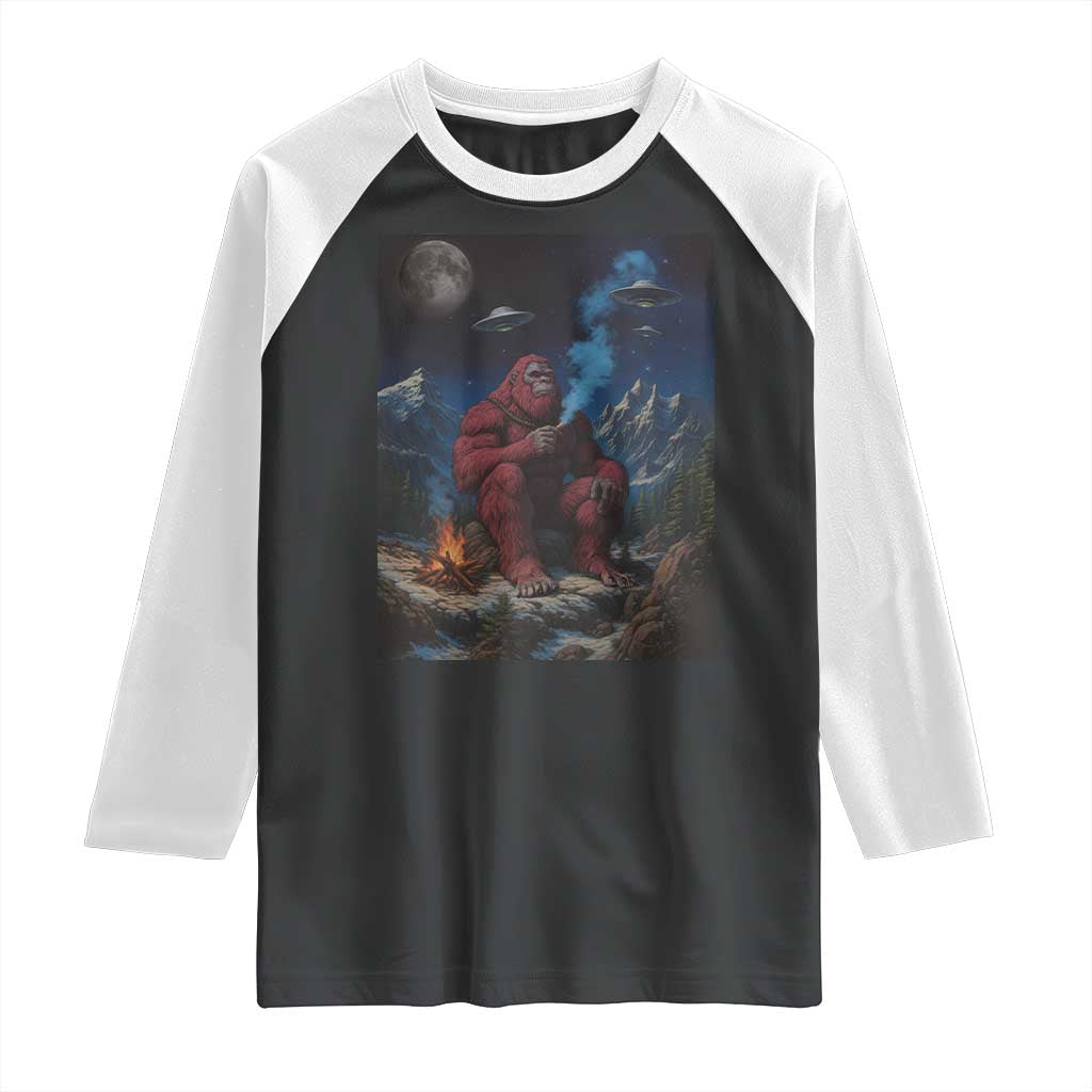 Funny Smoking Bigfoot Raglan Shirt Vintage Cigarette Sasquatch UFO Cryptid Meme TS10 Black White Print Your Wear