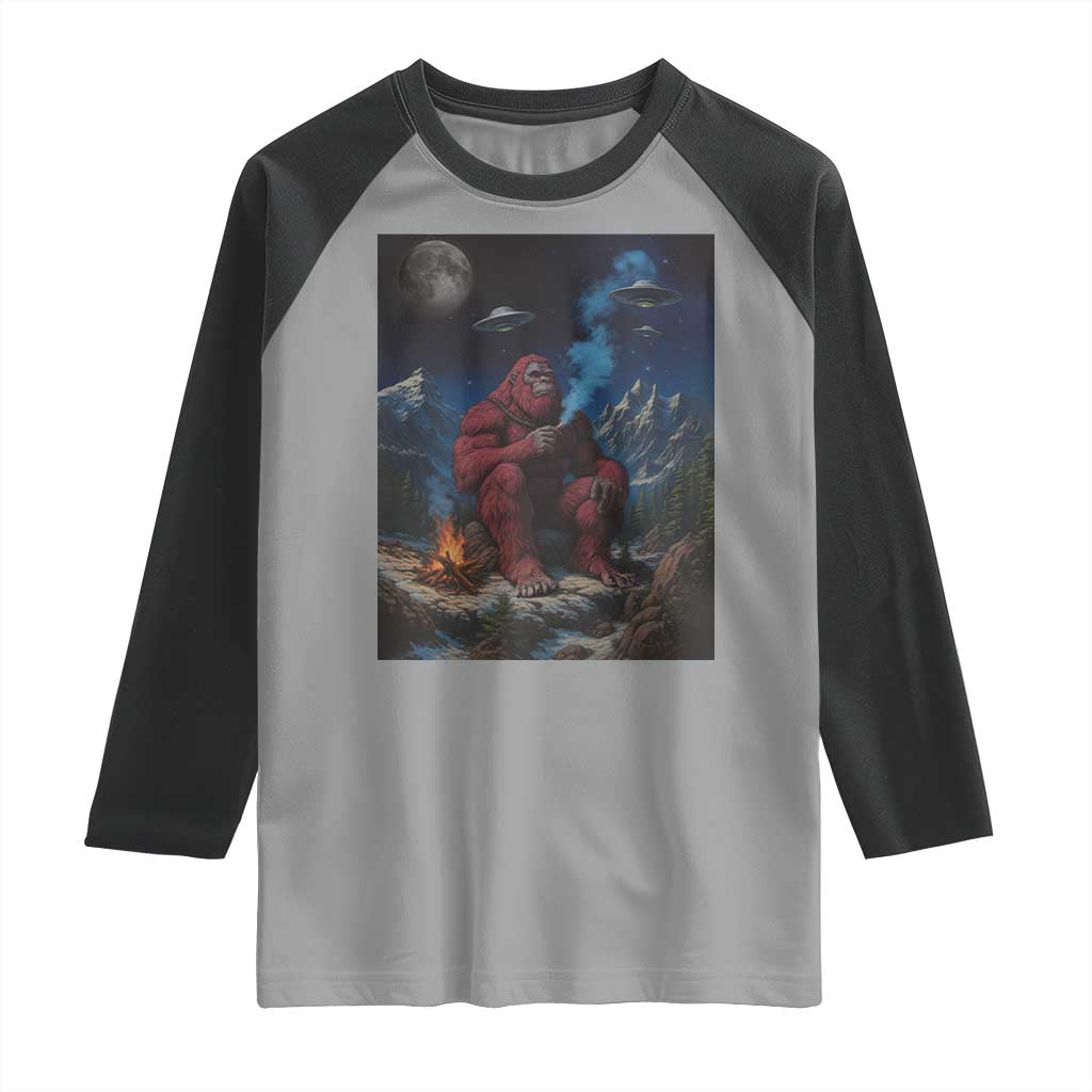 Funny Smoking Bigfoot Raglan Shirt Vintage Cigarette Sasquatch UFO Cryptid Meme TS10 Sport Gray Black Print Your Wear