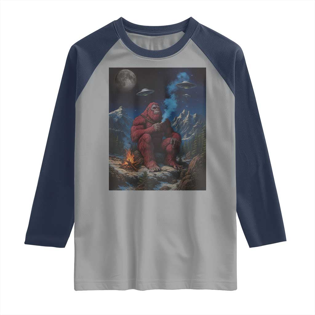 Funny Smoking Bigfoot Raglan Shirt Vintage Cigarette Sasquatch UFO Cryptid Meme TS10 Sport Gray Navy Print Your Wear