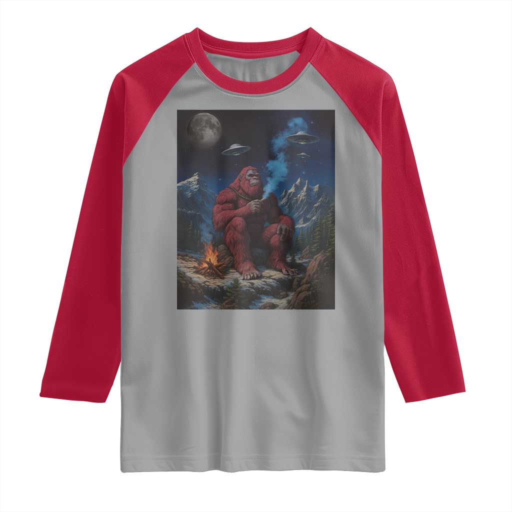 Funny Smoking Bigfoot Raglan Shirt Vintage Cigarette Sasquatch UFO Cryptid Meme TS10 Sport Gray Red Print Your Wear