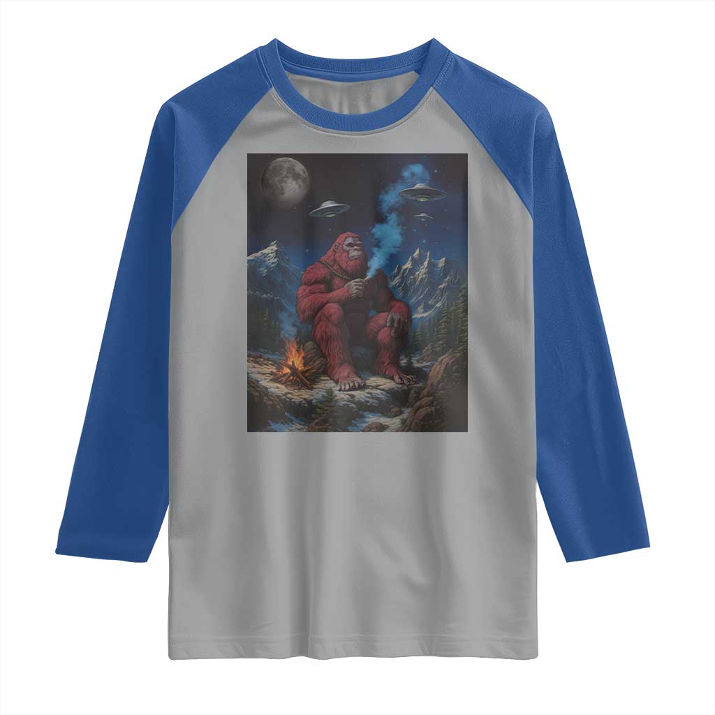 Funny Smoking Bigfoot Raglan Shirt Vintage Cigarette Sasquatch UFO Cryptid Meme TS10 Sport Gray Royal Print Your Wear