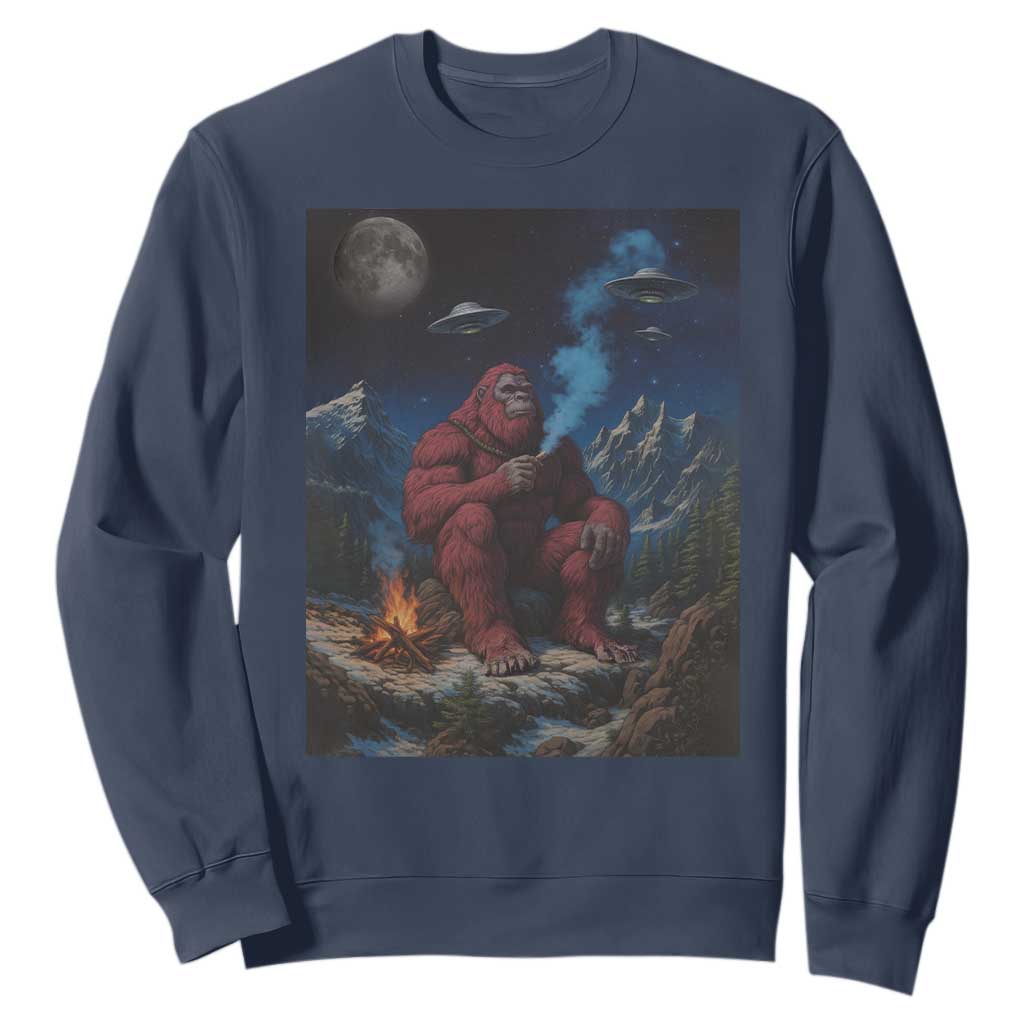 Funny Smoking Bigfoot Sweatshirt Vintage Cigarette Sasquatch UFO Cryptid Meme TS10 Navy Print Your Wear