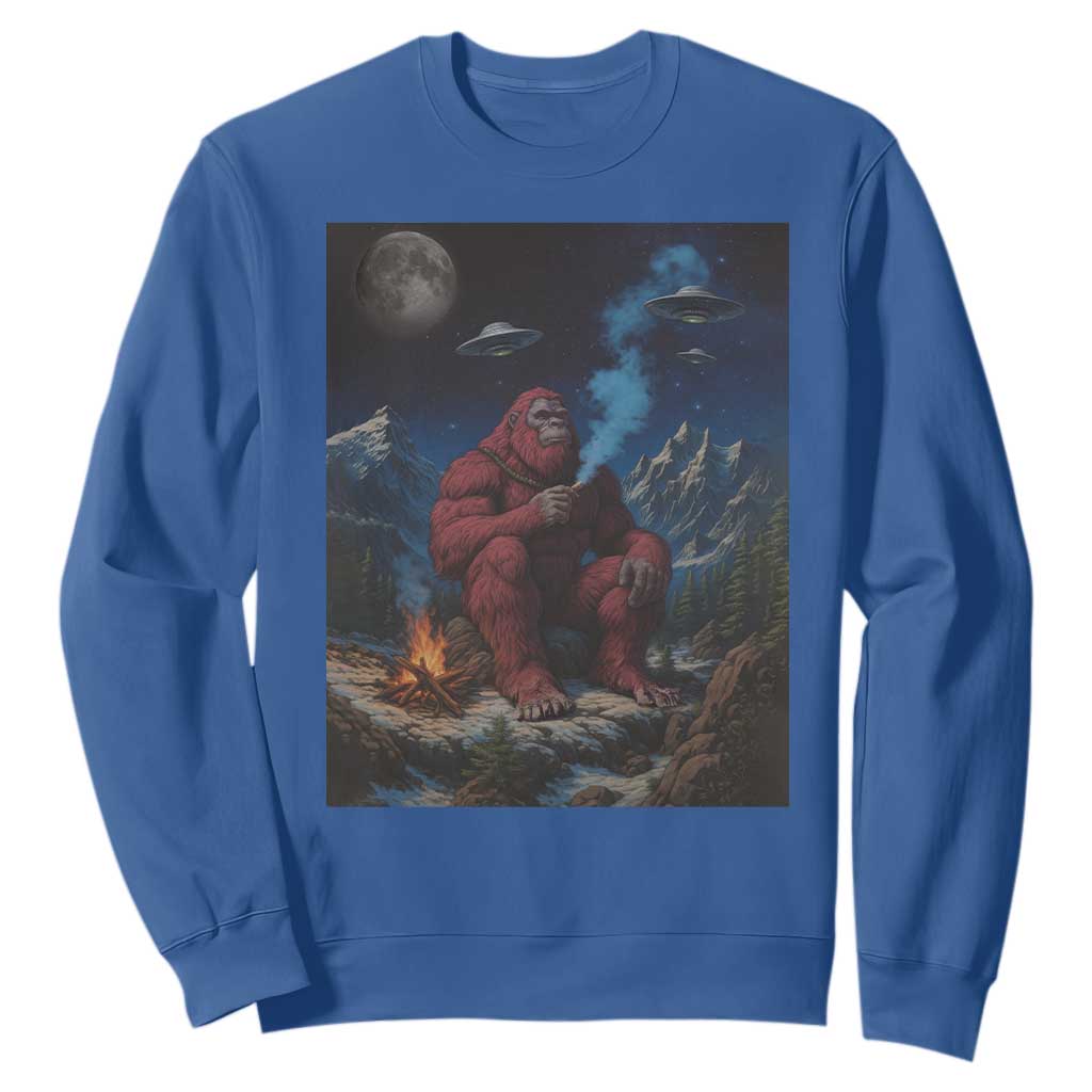 Funny Smoking Bigfoot Sweatshirt Vintage Cigarette Sasquatch UFO Cryptid Meme TS10 Royal Blue Print Your Wear