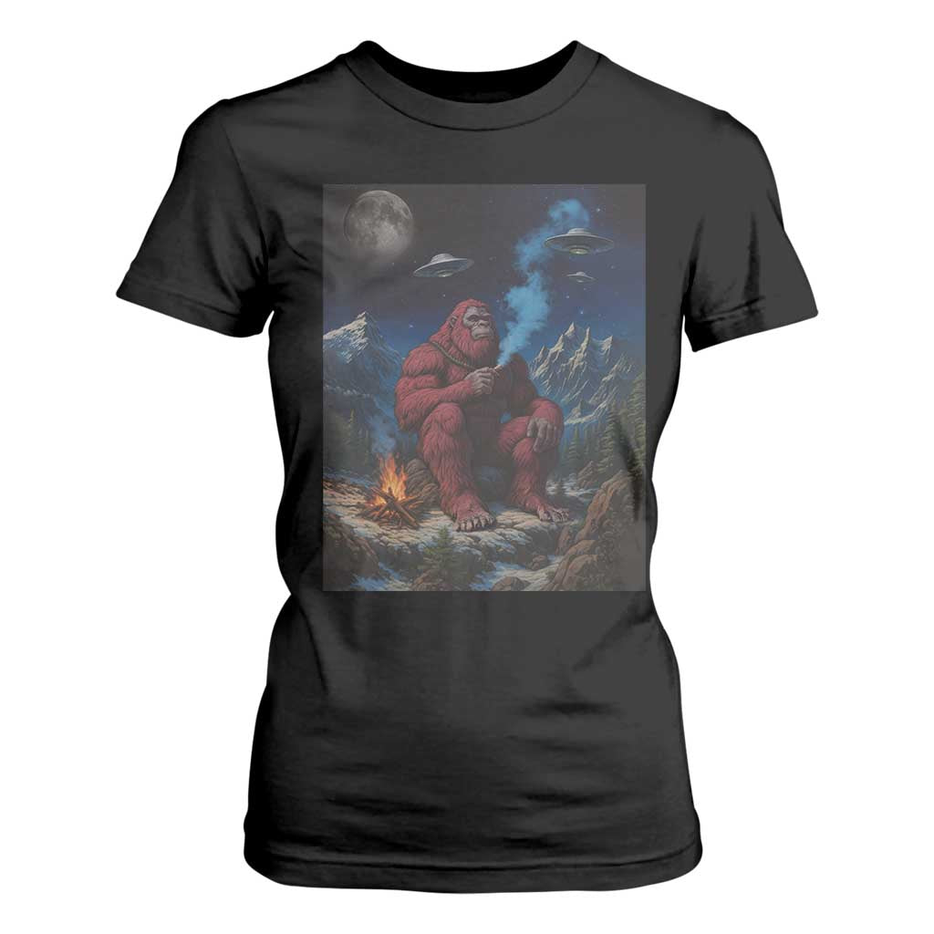 Funny Smoking Bigfoot T Shirt For Women Vintage Cigarette Sasquatch UFO Cryptid Meme TS10 Black Print Your Wear