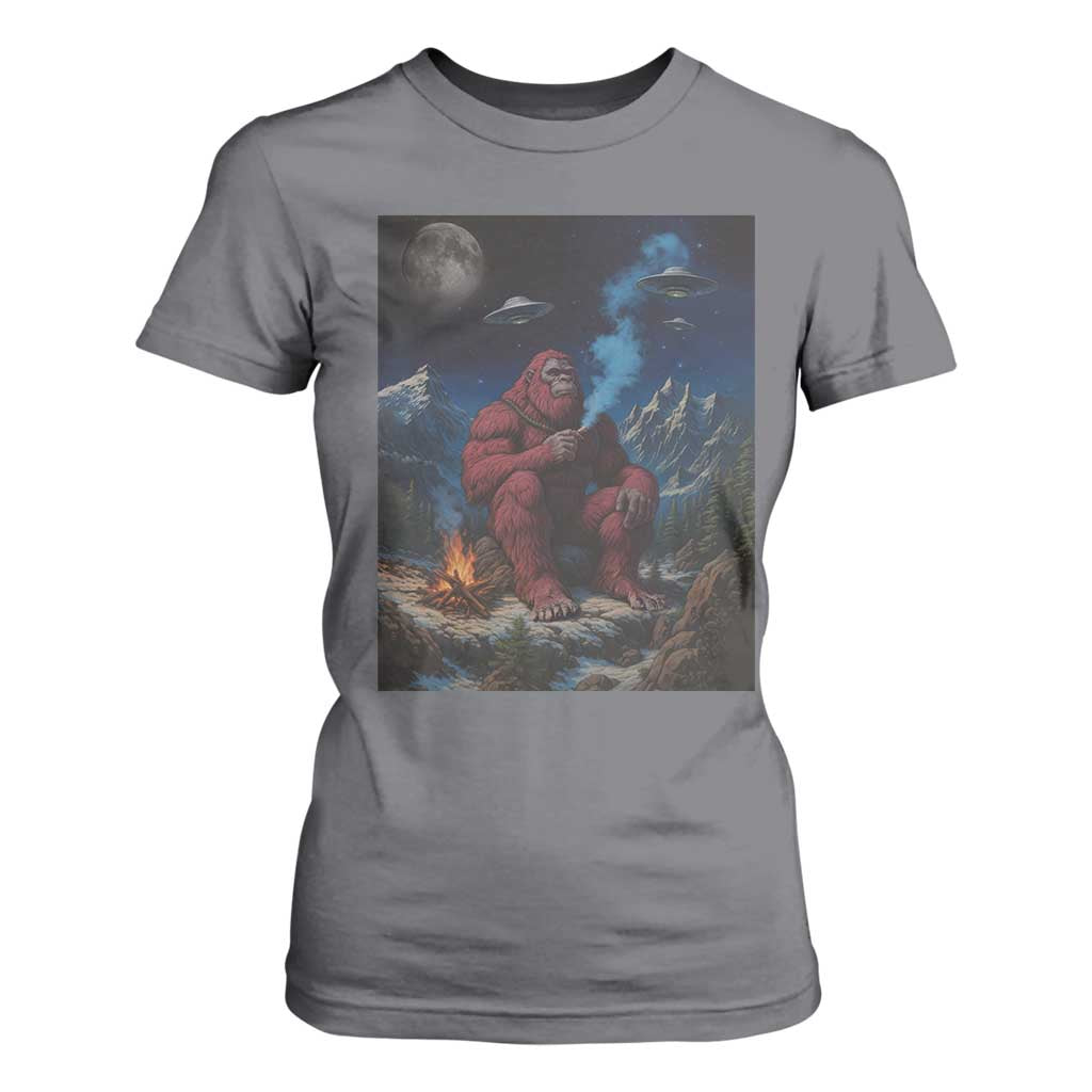 Funny Smoking Bigfoot T Shirt For Women Vintage Cigarette Sasquatch UFO Cryptid Meme TS10 Charcoal Print Your Wear