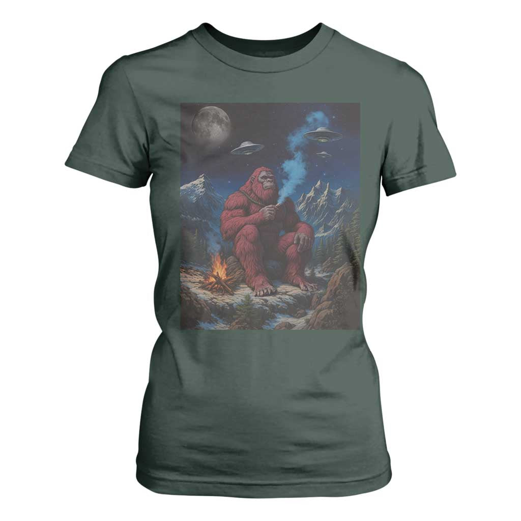 Funny Smoking Bigfoot T Shirt For Women Vintage Cigarette Sasquatch UFO Cryptid Meme TS10 Dark Forest Green Print Your Wear