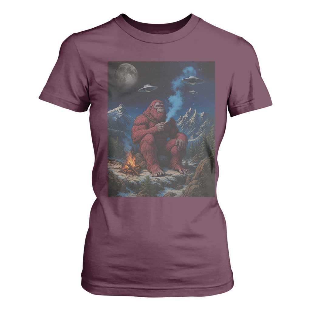 Funny Smoking Bigfoot T Shirt For Women Vintage Cigarette Sasquatch UFO Cryptid Meme TS10 Maroon Print Your Wear