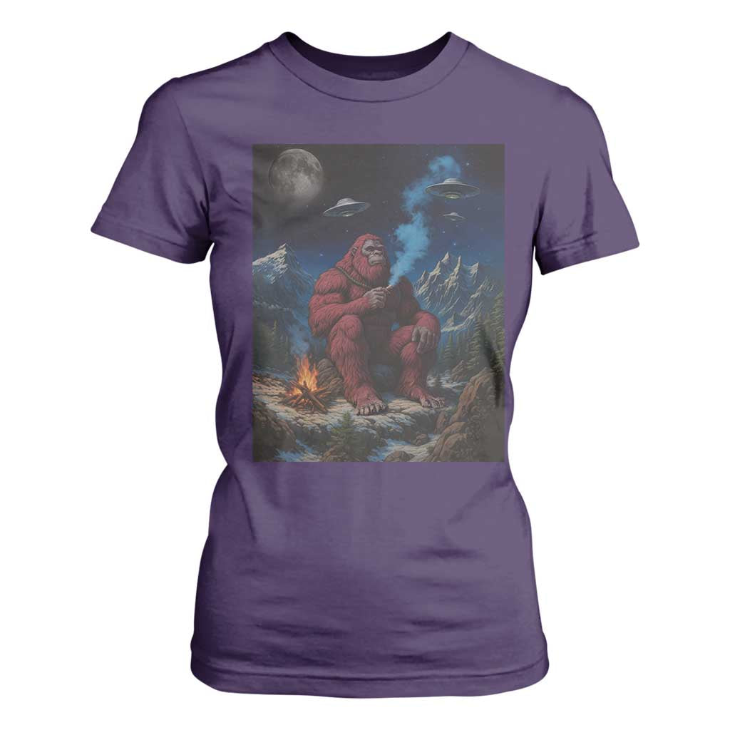 Funny Smoking Bigfoot T Shirt For Women Vintage Cigarette Sasquatch UFO Cryptid Meme TS10 Purple Print Your Wear