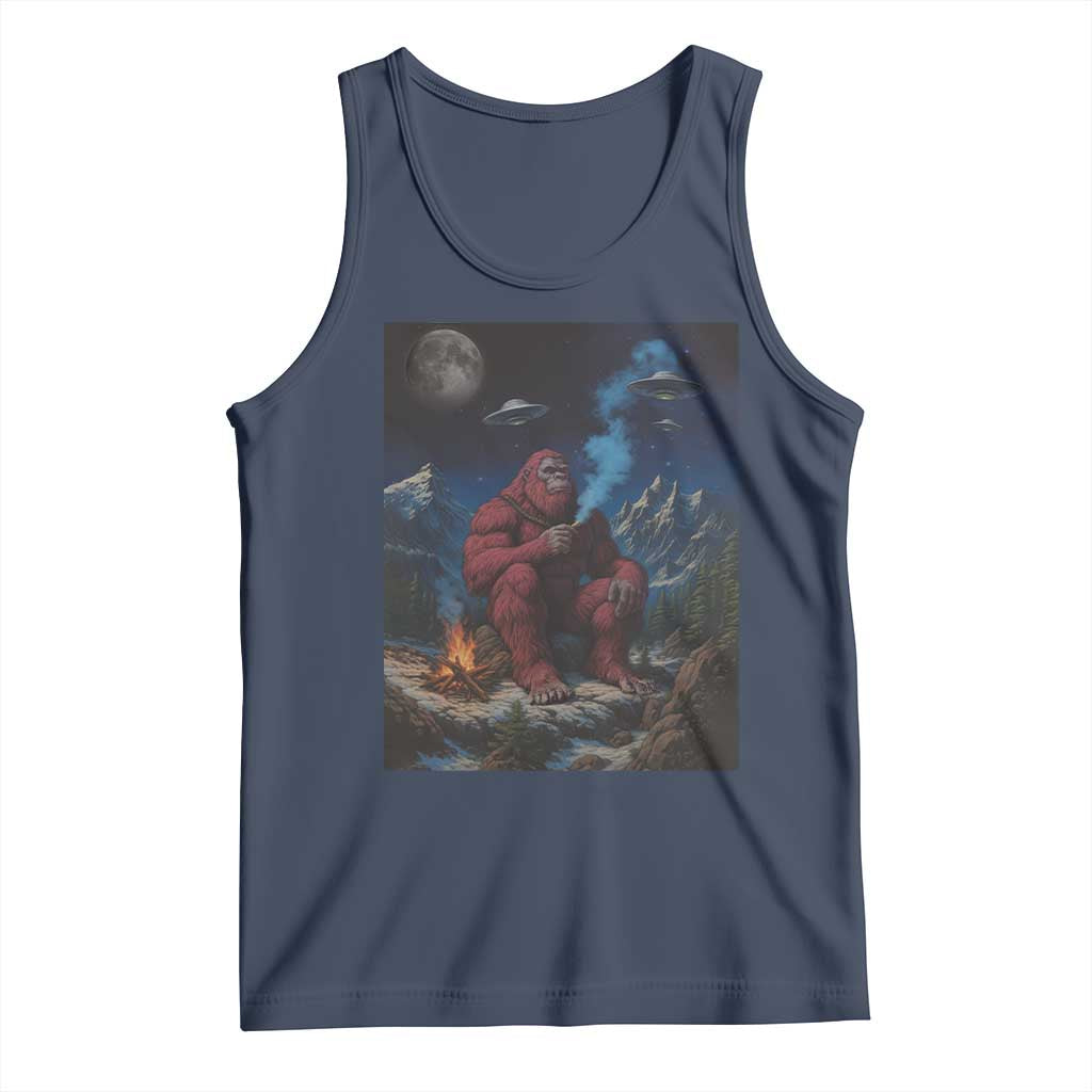 Funny Smoking Bigfoot Tank Top Vintage Cigarette Sasquatch UFO Cryptid Meme TS10 Navy Print Your Wear