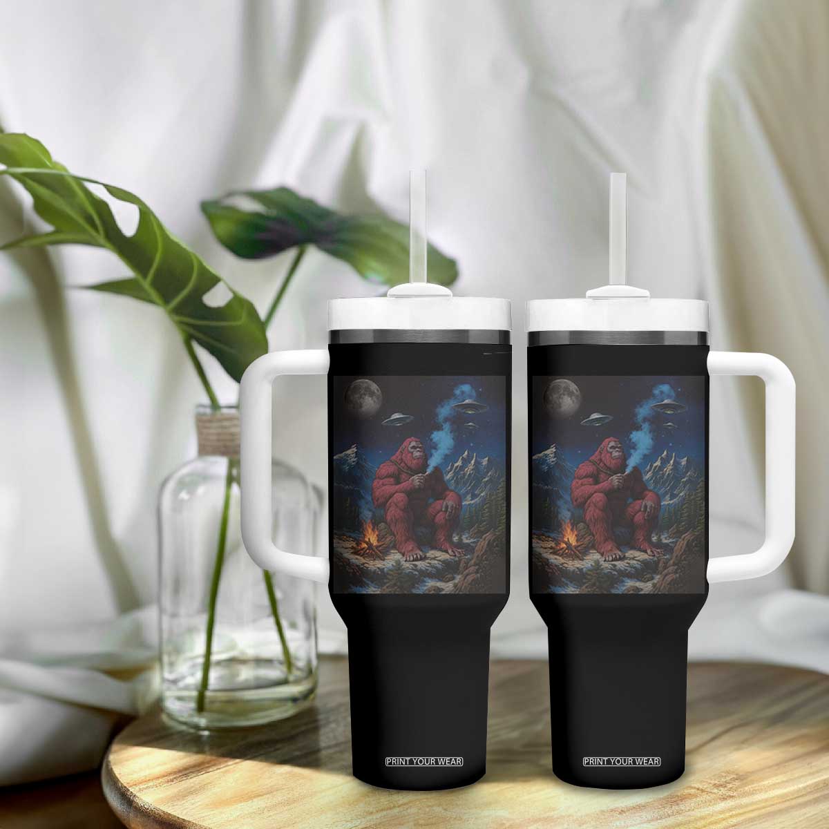 Funny Smoking Bigfoot Tumbler With Handle Vintage Cigarette Sasquatch UFO Cryptid Meme TS10 Print Your Wear