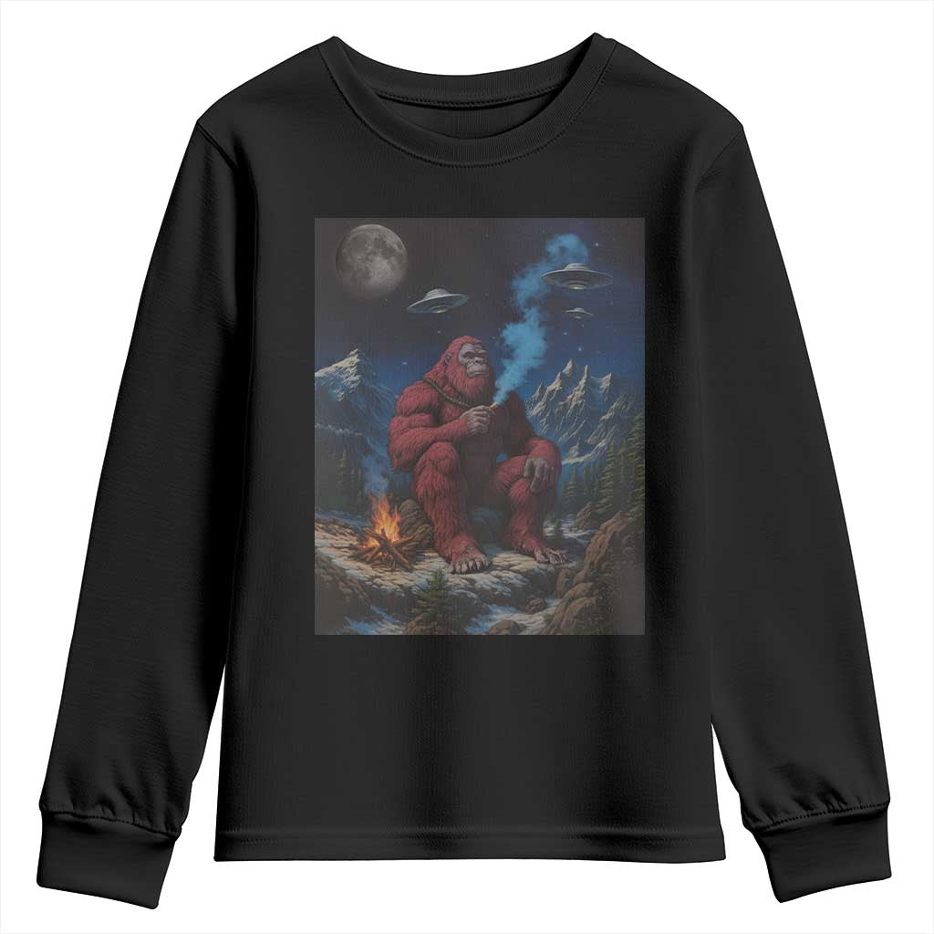 Funny Smoking Bigfoot Youth Sweatshirt Vintage Cigarette Sasquatch UFO Cryptid Meme TS10 Black Print Your Wear