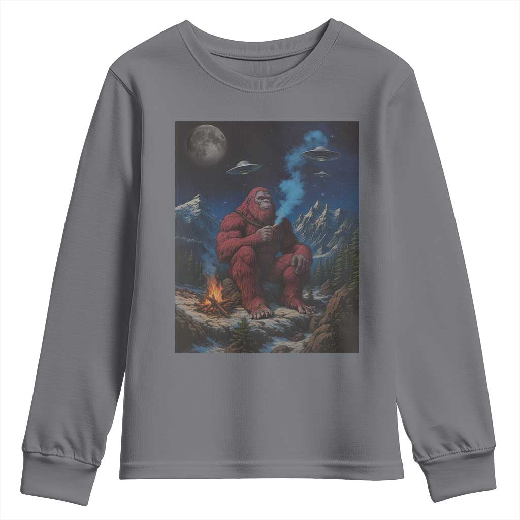 Funny Smoking Bigfoot Youth Sweatshirt Vintage Cigarette Sasquatch UFO Cryptid Meme TS10 Charcoal Print Your Wear