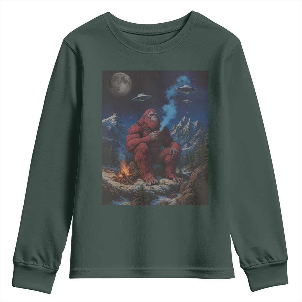 Funny Smoking Bigfoot Youth Sweatshirt Vintage Cigarette Sasquatch UFO Cryptid Meme TS10 Dark Forest Green Print Your Wear