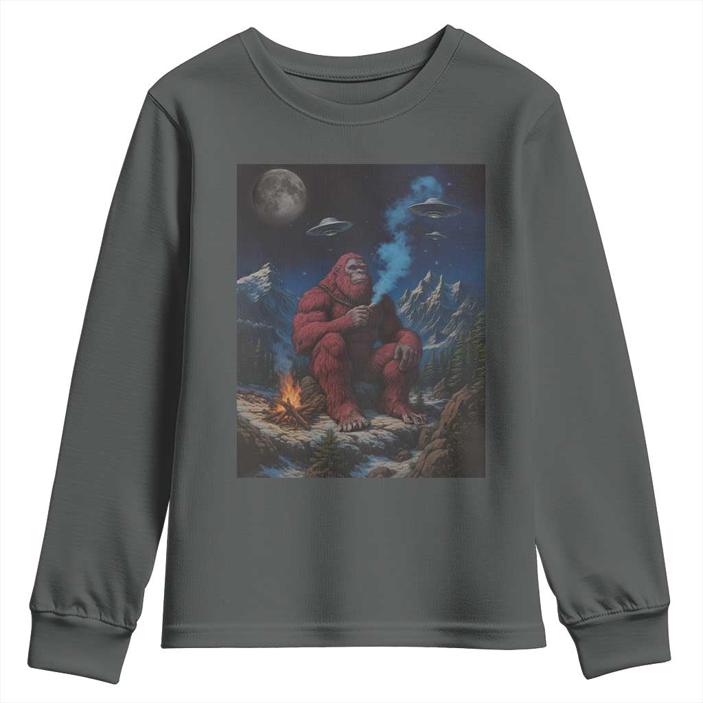 Funny Smoking Bigfoot Youth Sweatshirt Vintage Cigarette Sasquatch UFO Cryptid Meme TS10 Dark Heather Print Your Wear