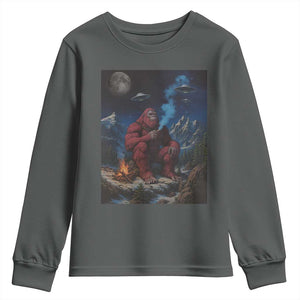 Funny Smoking Bigfoot Youth Sweatshirt Vintage Cigarette Sasquatch UFO Cryptid Meme TS10 Dark Heather Print Your Wear