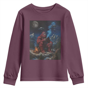 Funny Smoking Bigfoot Youth Sweatshirt Vintage Cigarette Sasquatch UFO Cryptid Meme TS10 Maroon Print Your Wear
