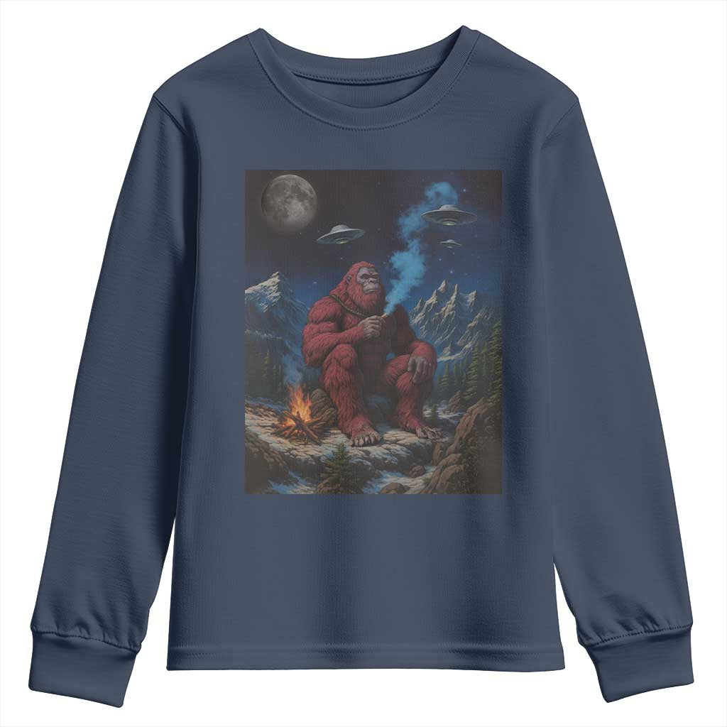 Funny Smoking Bigfoot Youth Sweatshirt Vintage Cigarette Sasquatch UFO Cryptid Meme TS10 Navy Print Your Wear