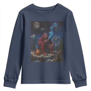 Funny Smoking Bigfoot Youth Sweatshirt Vintage Cigarette Sasquatch UFO Cryptid Meme TS10 Navy Print Your Wear