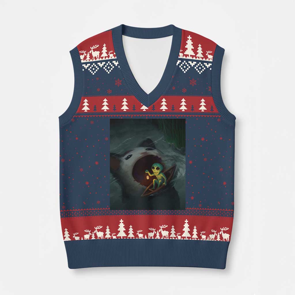 Funny Alien Cat Meme V-Neck Knit Sweater Vest Weird Silly TS10 Navy Red Print Your Wear