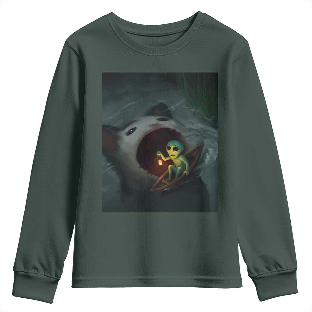 Funny Alien Cat Meme Youth Sweatshirt Weird Silly TS10 Dark Forest Green Print Your Wear