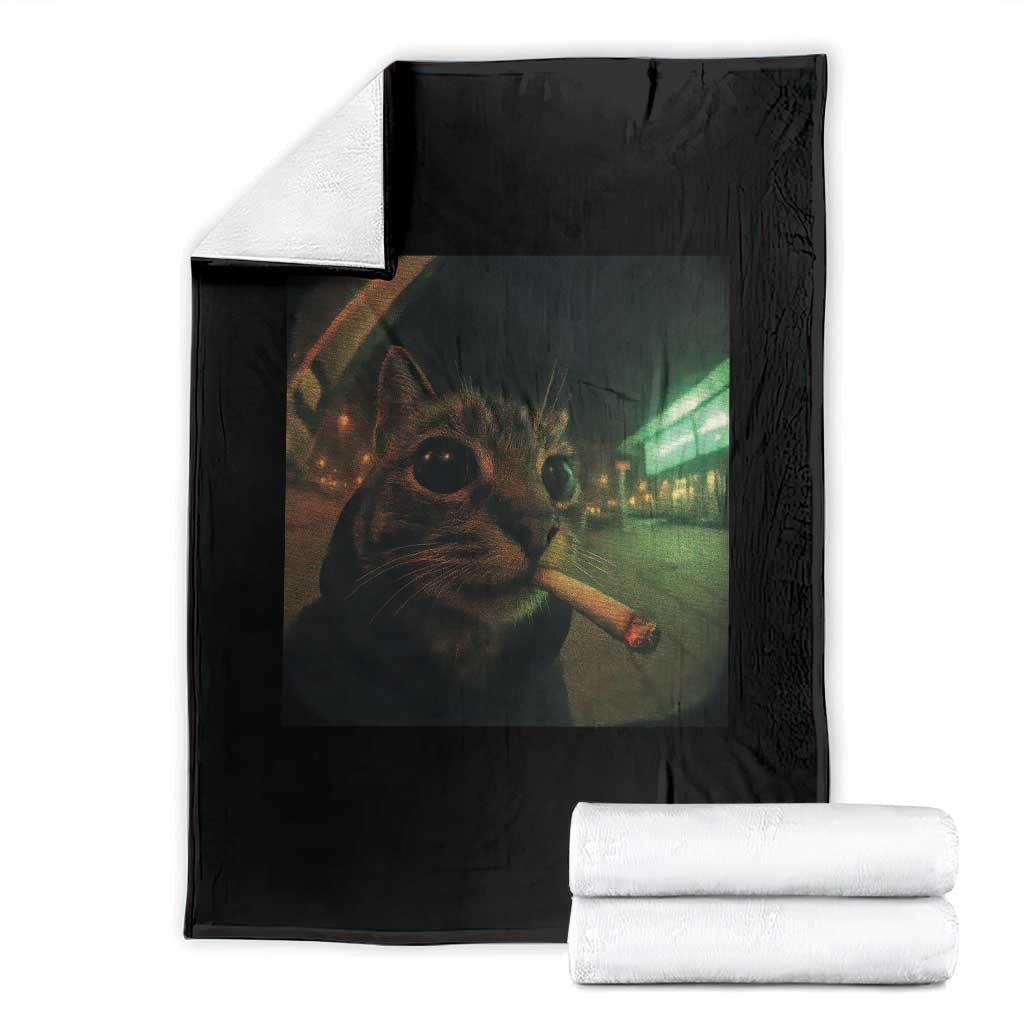 Funny Smoking Cat Throw Blanket Retro 90s Grunge Cat Selfie Streetwear Meme TS10 Black Print Your Wear