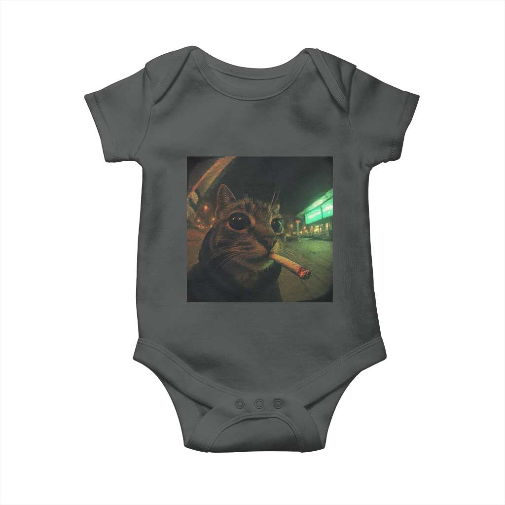 Funny Smoking Cat Baby Onesie Retro 90s Grunge Cat Selfie Streetwear Meme TS10 Dark Heather Print Your Wear