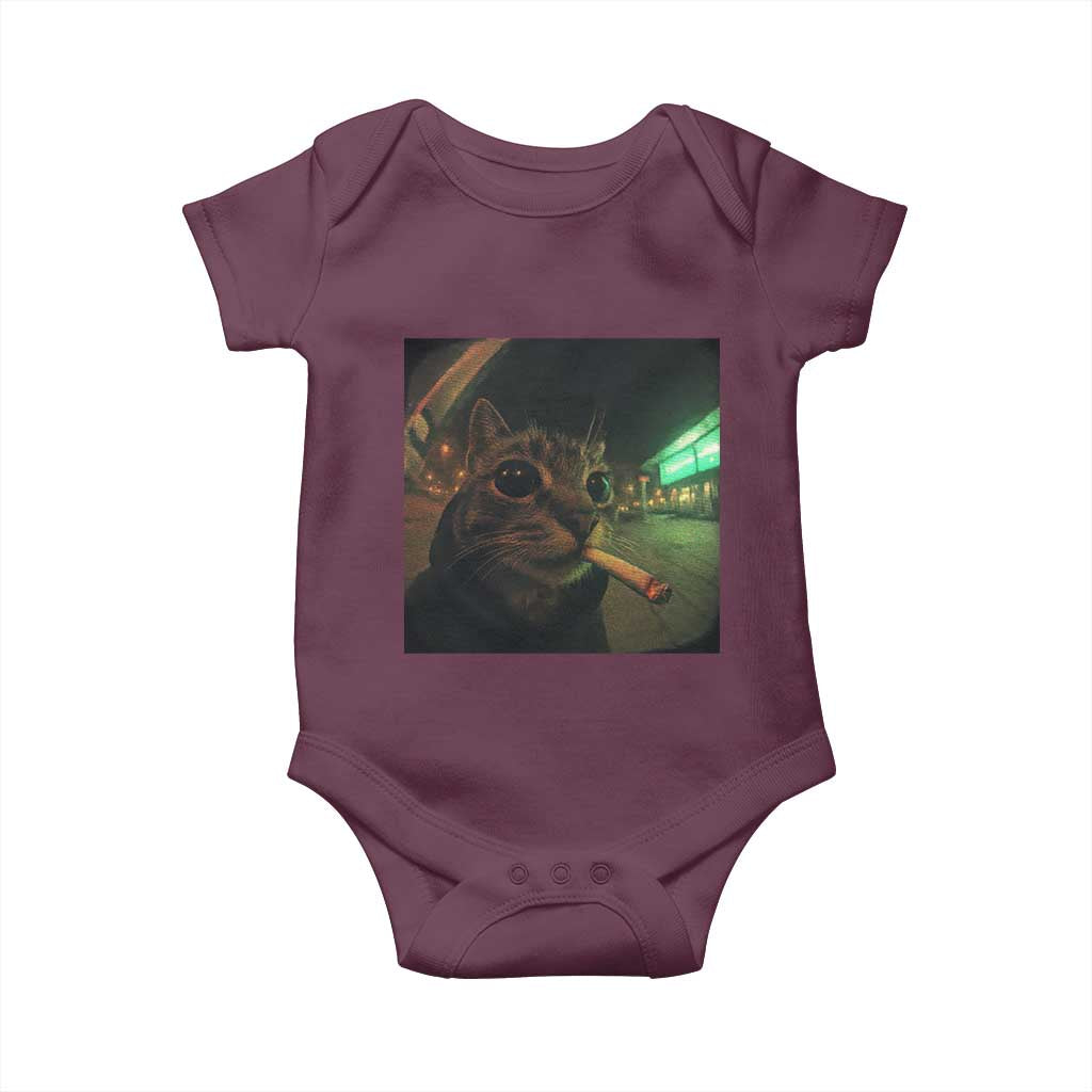 Funny Smoking Cat Baby Onesie Retro 90s Grunge Cat Selfie Streetwear Meme TS10 Maroon Print Your Wear