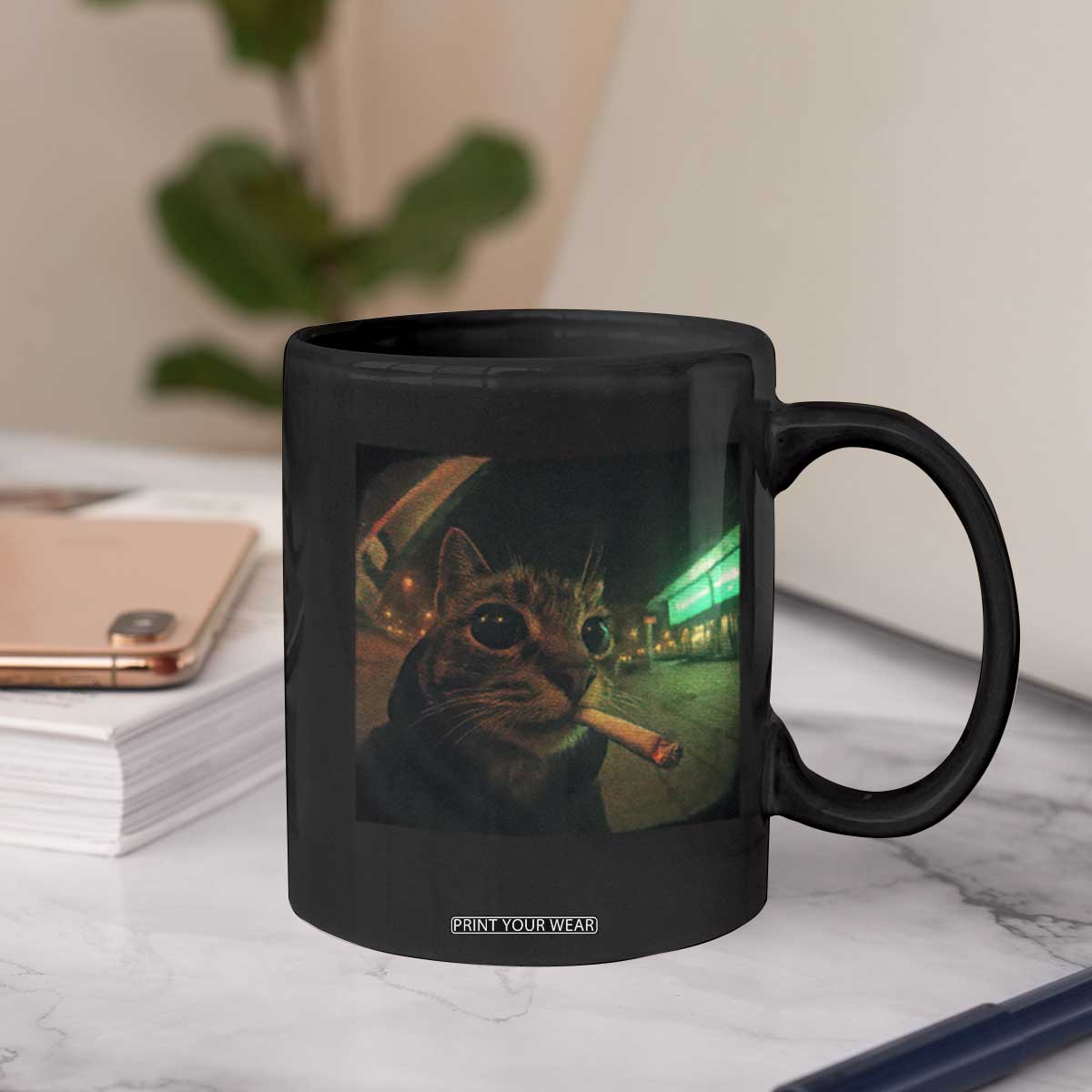 Funny Smoking Cat Coffee Mug Retro 90s Grunge Cat Selfie Streetwear Meme TS10 Print Your Wear