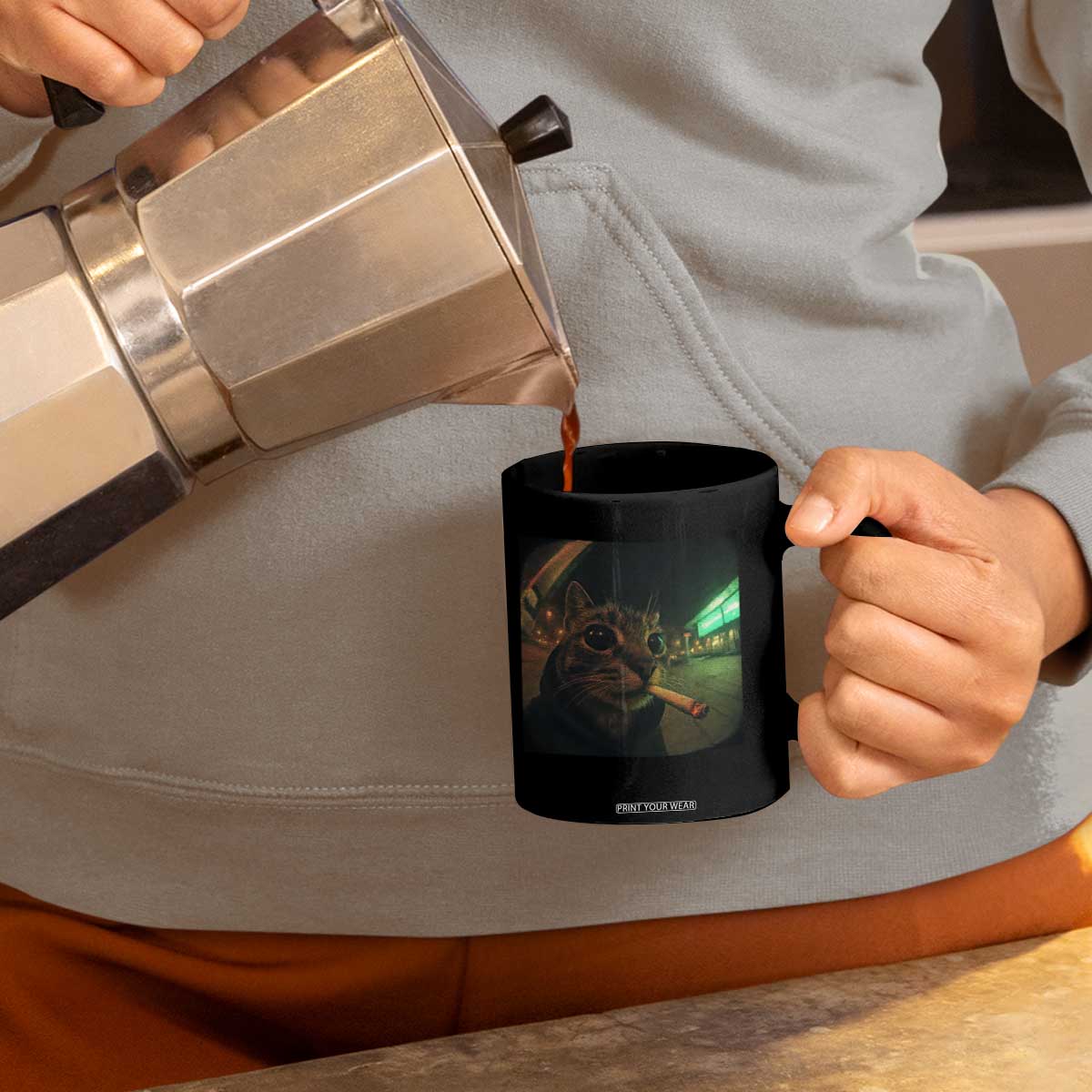 Funny Smoking Cat Coffee Mug Retro 90s Grunge Cat Selfie Streetwear Meme TS10 Print Your Wear