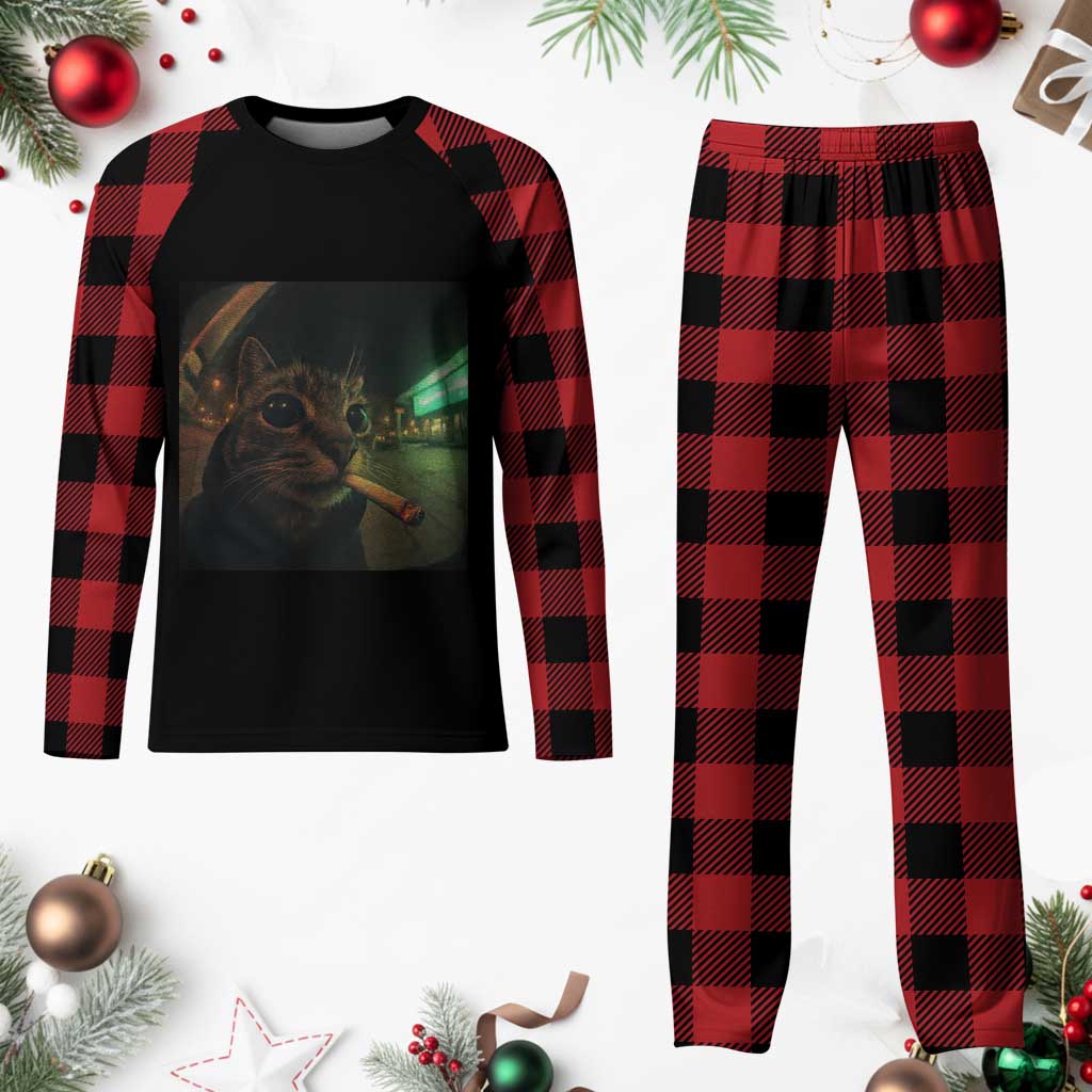 Funny Smoking Cat Plaid Pajama Set Retro 90s Grunge Cat Selfie Streetwear Meme TS10 Buffalo Plaid Print Your Wear