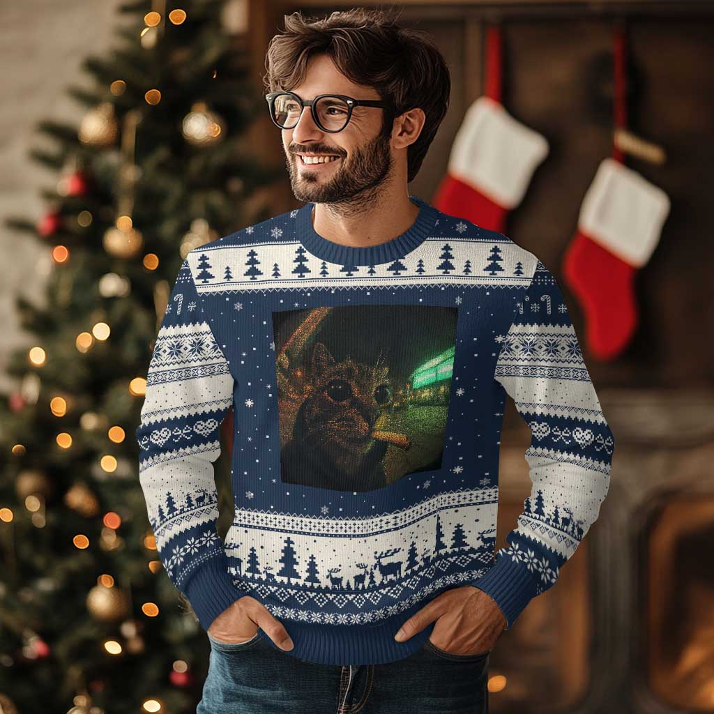 Funny Smoking Cat Ugly Christmas Sweater Retro 90s Grunge Cat Selfie Streetwear Meme TS10 Navy Beige Print Your Wear