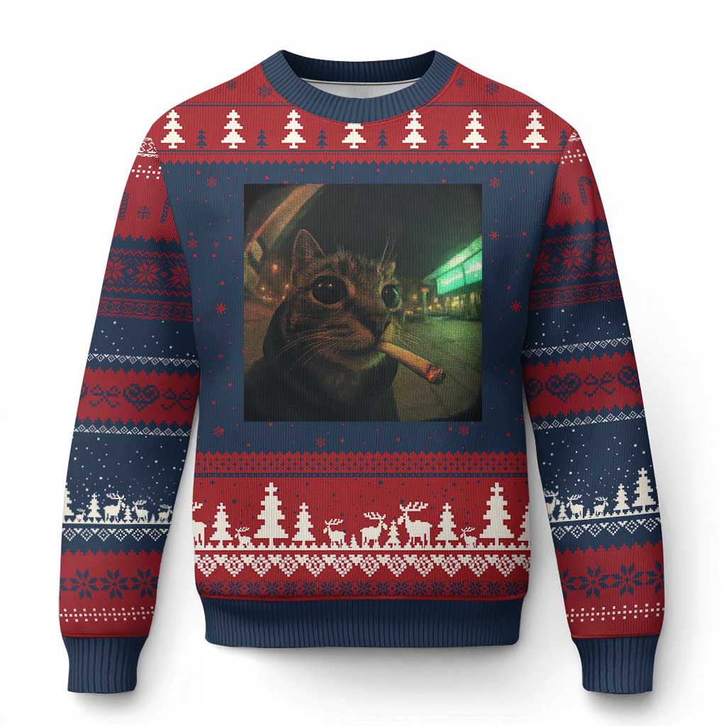 Funny Smoking Cat Ugly Christmas Sweater Retro 90s Grunge Cat Selfie Streetwear Meme TS10 Navy Red Print Your Wear