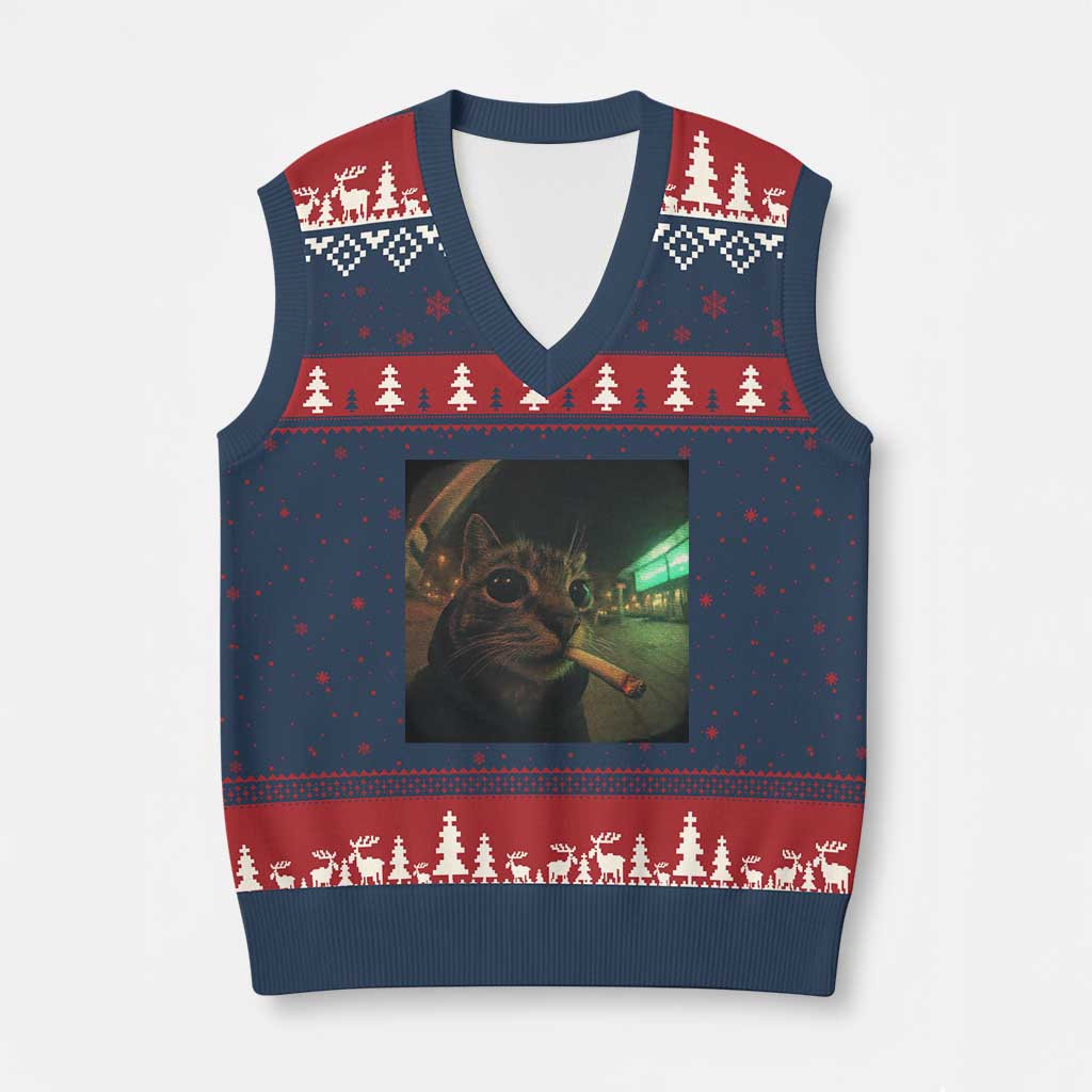 Funny Smoking Cat V-Neck Knit Sweater Vest Retro 90s Grunge Cat Selfie Streetwear Meme TS10 Navy Red Print Your Wear
