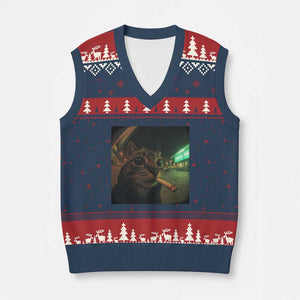 Funny Smoking Cat V-Neck Knit Sweater Vest Retro 90s Grunge Cat Selfie Streetwear Meme TS10 Navy Red Print Your Wear
