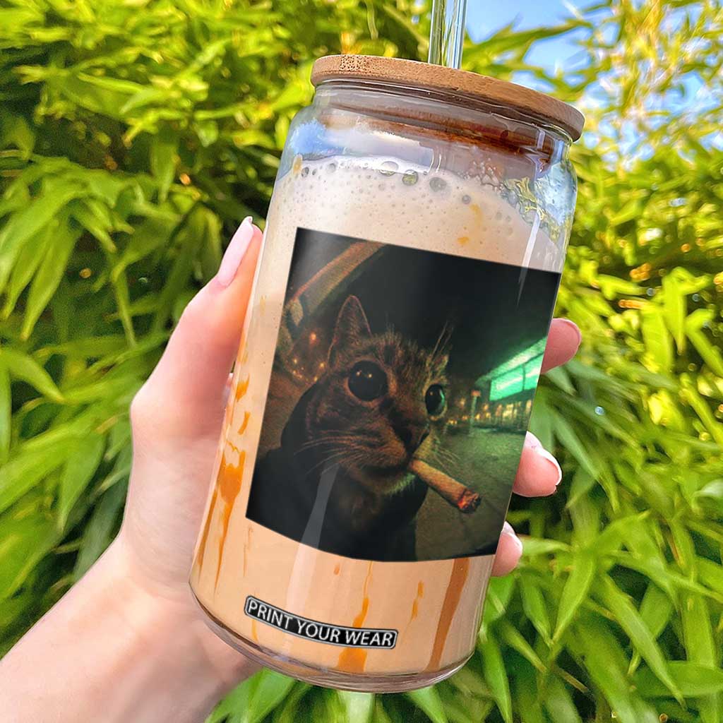 Funny Smoking Cat Glass Can Retro 90s Grunge Cat Selfie Streetwear Meme TS10 Black Print Your Wear