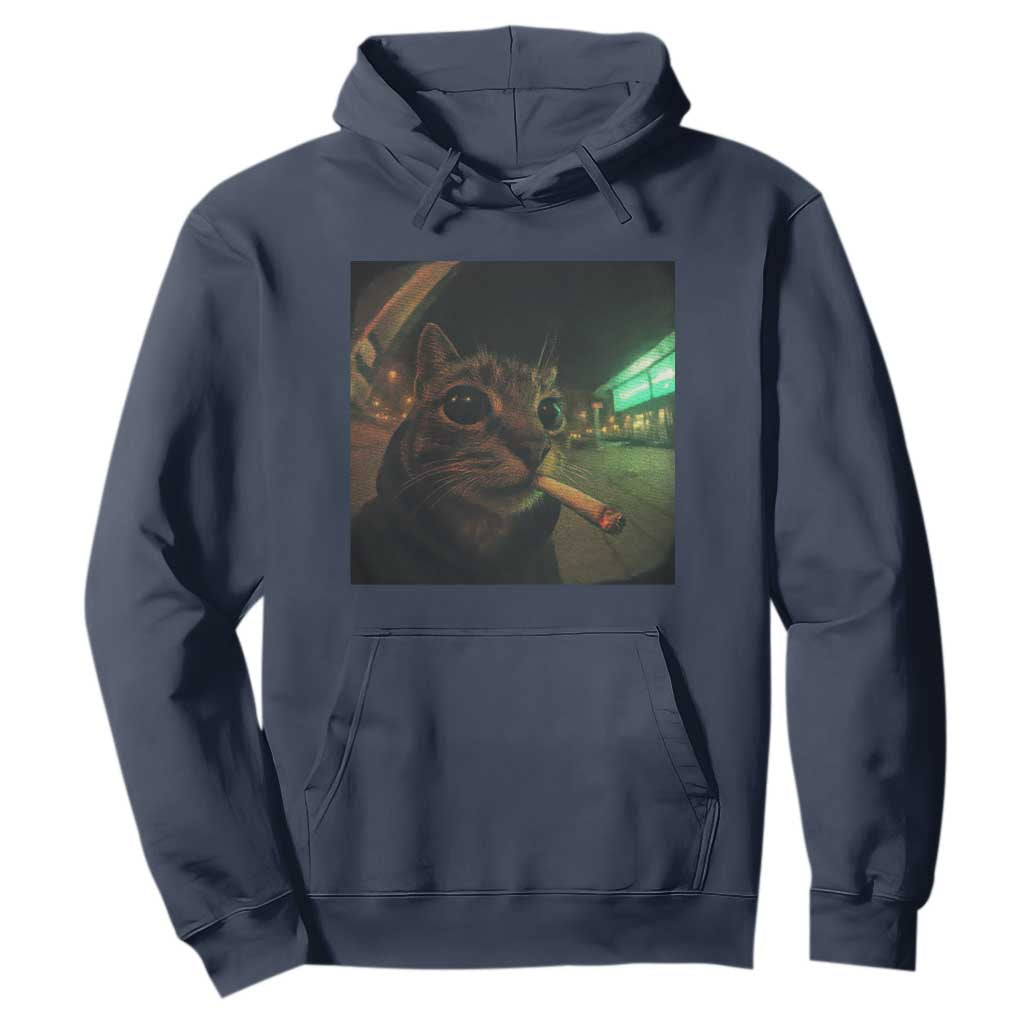 Funny Smoking Cat Hoodie Retro 90s Grunge Cat Selfie Streetwear Meme TS10 Navy Print Your Wear