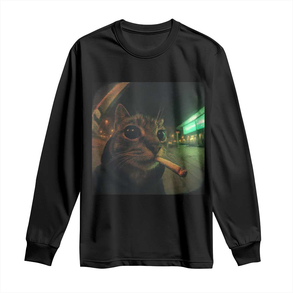Funny Smoking Cat Long Sleeve Shirt Retro 90s Grunge Cat Selfie Streetwear Meme TS10 Black Print Your Wear