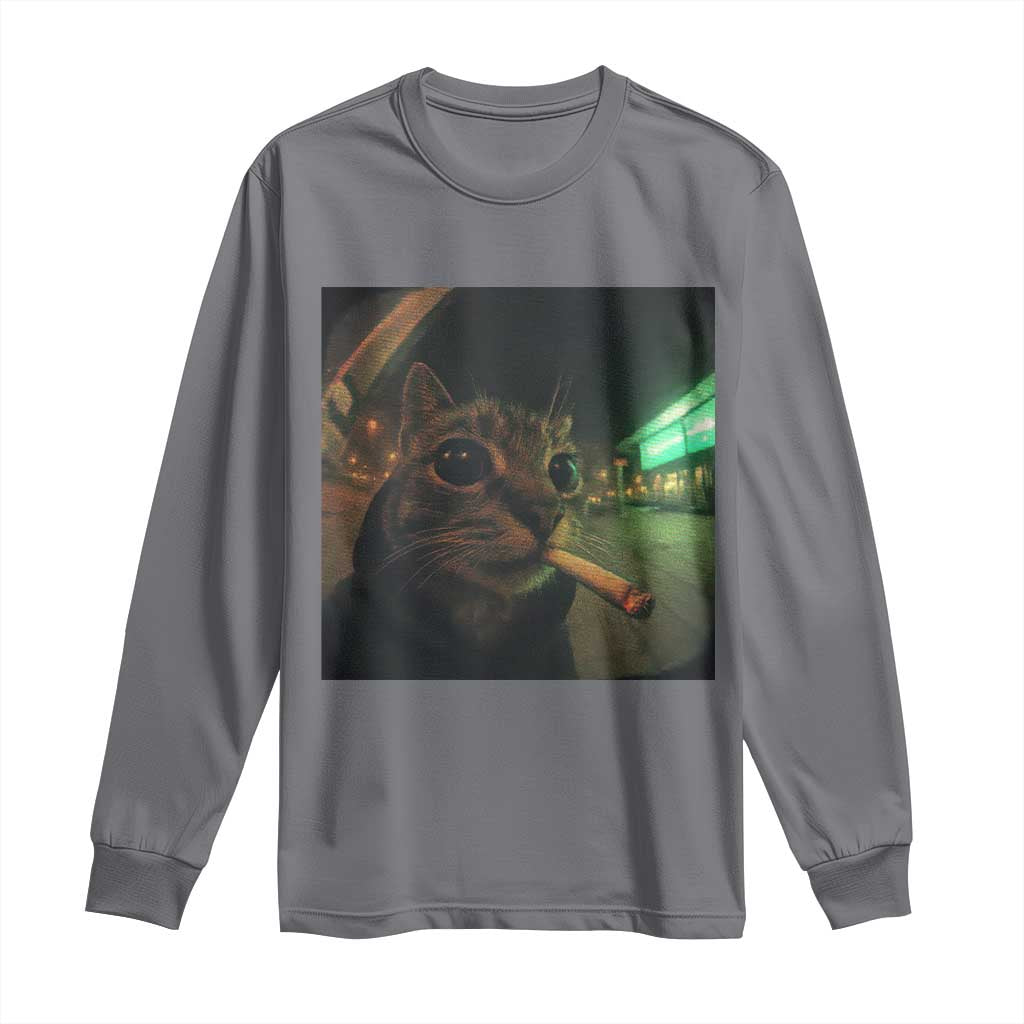Funny Smoking Cat Long Sleeve Shirt Retro 90s Grunge Cat Selfie Streetwear Meme TS10 Charcoal Print Your Wear