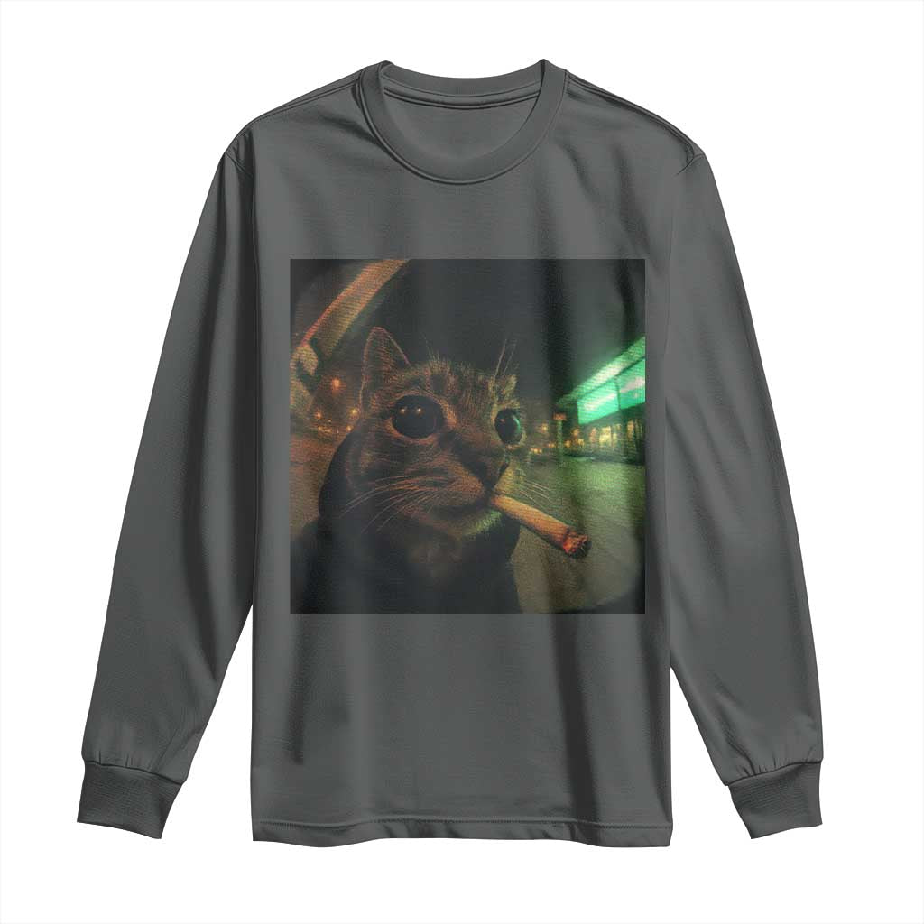Funny Smoking Cat Long Sleeve Shirt Retro 90s Grunge Cat Selfie Streetwear Meme TS10 Dark Heather Print Your Wear