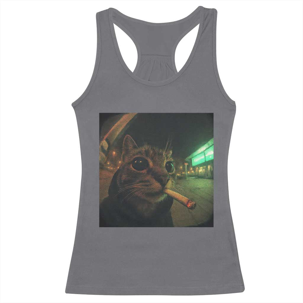 Funny Smoking Cat Racerback Tank Top Retro 90s Grunge Cat Selfie Streetwear Meme TS10 Charcoal Print Your Wear