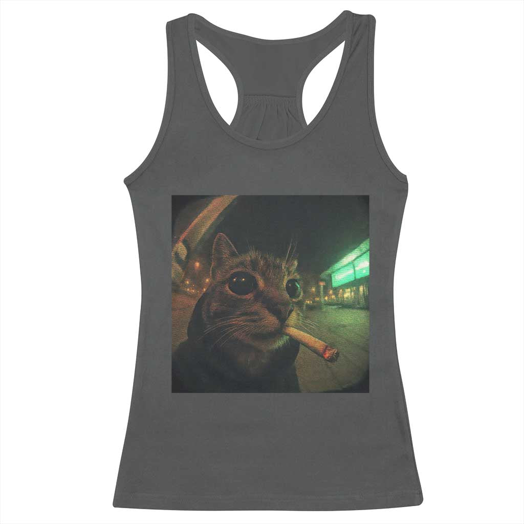 Funny Smoking Cat Racerback Tank Top Retro 90s Grunge Cat Selfie Streetwear Meme TS10 Dark Heather Print Your Wear